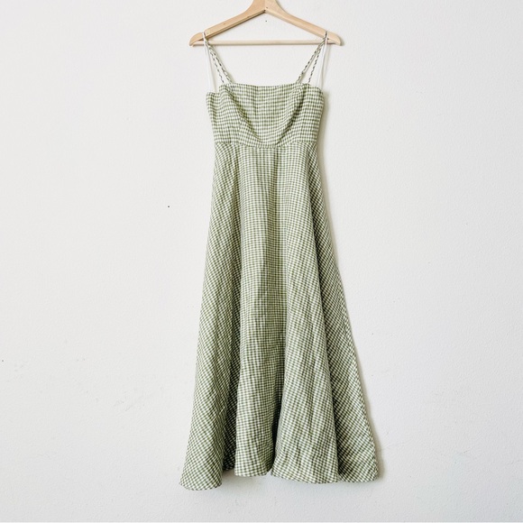 Reformation SIZE 0 Monette 100% linen sleeveless midi dress in Avocado check - Picture 2 of 7